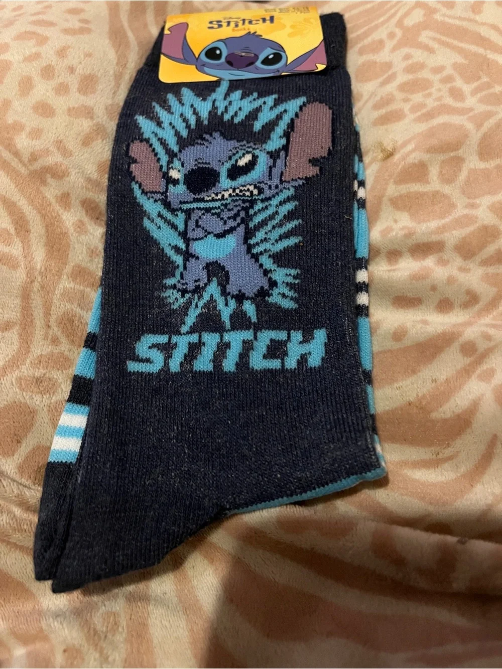 Disney Stitch Crew Socks Black Blue Adult Shoe Size 6.5-12 New With Tags